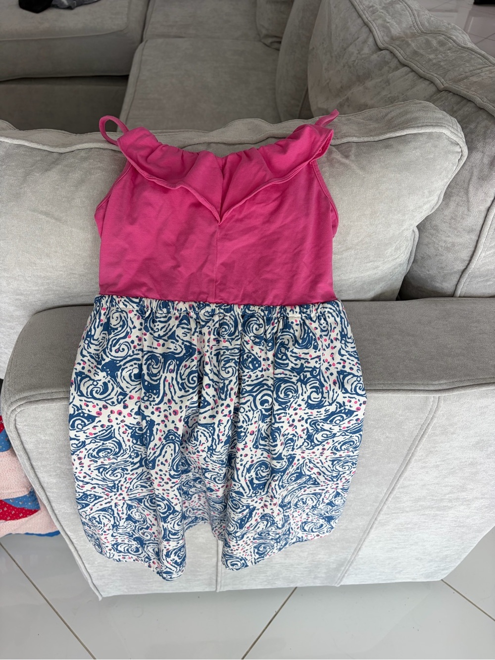 Lilly Pulitzer Pink Ruffle Tank Dress with Blue Floral Skirt